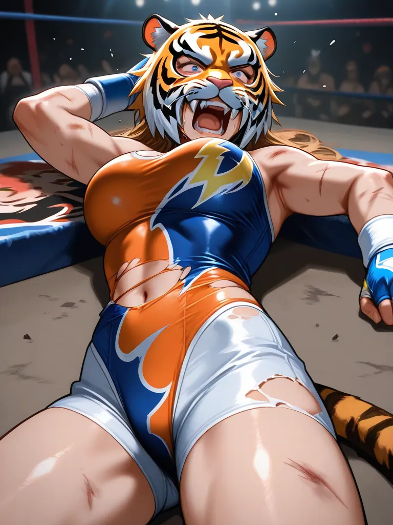 Female professional wrestler, Tiger mask,A brutally torn mask,Japanese, veteran, professional wrestling match, defeated, fallen, costume torn,trampled in the crotch