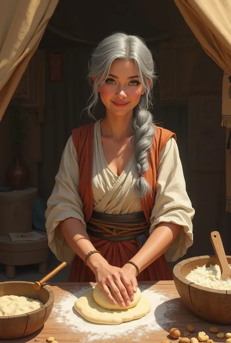 sara gray woman, Odyta in oriental clothes,  standing in the tent, kneads dough and smiles, realistically, second millennium BC