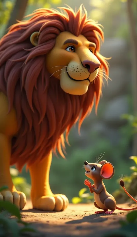 The mouse pleads to the lion, "Please let me go! One day, I will help you."3d cartton