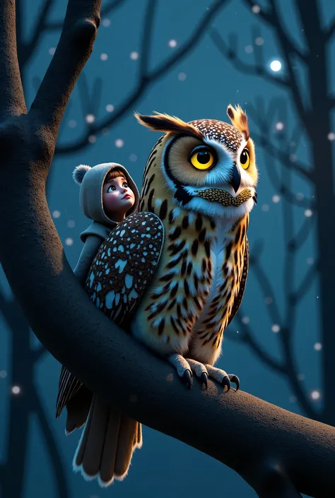 A breathtaking nighttime scene of a  sitting on the back of a giant, majestic owl perched on a thick tree branch under a starry sky. The owl’s beautifully patterned feathers in shades of brown, white, and gray are incredibly detailed, and its large, wise e...