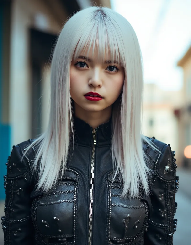 Avant-garde cyberpunk girl, (Best Quality, 8K, 32K, masutepiece:1.3), Ultra-detailed, (Photorealistic:1.4), white colors, albino, Punk Girl, Detailed eyes, cowboy shot, Luxurious punk hair, Edgy punk fashion, Avant-garde makeup, Bright red lips, Numerous p...