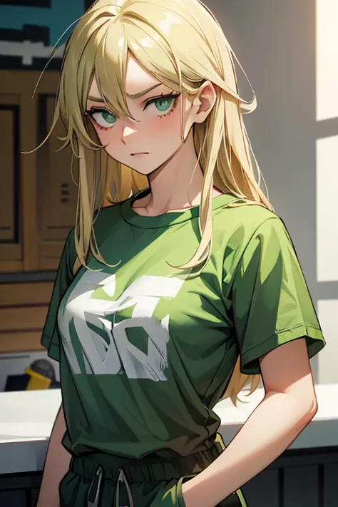 17-year-old woman in My Hero Academia  ,   green eyes, long blonde hair Messy hair , dressed in grey jogging pants and a green t-shirt , drowsiness