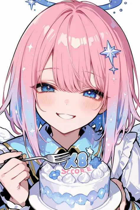 General,xxx667_illu,748cmstyle,trk,pop art, pop Art,Etching,best quality,highly detailed,chibi style,1girl,long pink hair,white and blue angelic outfit,small wings,holding cake and fork,smiling happily,celestial hair ornament,white background,playful mood,...