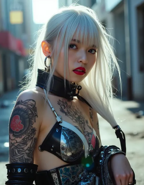 Avant-garde cyberpunk girl, (Best Quality, 8K, 32K, masutepiece:1.3), Ultra-detailed, (Photorealistic:1.4), white colors, albino, Punk Girl, Detailed eyes, cowboy shot, Luxurious punk hair, Edgy punk fashion, Avant-garde makeup, Bright red lips, Numerous p...