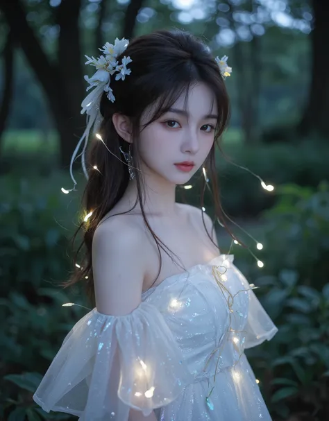 a young woman with glowing fireflies in her hair, standing in a magical forest at night, her eyes shimmering with wonder, wearing a dress woven from moonlight, (best quality, 4k, 8k, highres, masterpiece:1.2), ultra-detailed, (realistic, photorealistic, ph...
