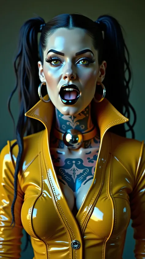 ANGELINA JOLIE, Dominatrix  , pale skin, vampire, nosferatu, BDSM, blue yellow latex , brilliant, metallic, corps latex noir, leggings en latex noir,   latex Japanese latex kimono  , cuissardes Bottes en latex yellow pour les cuisses, yellow latex corset, ...