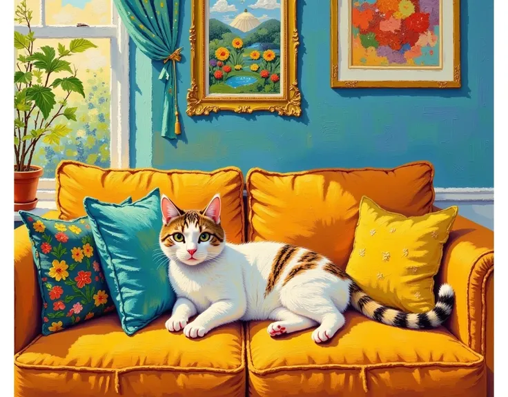 Thick-coated oil paint，Texture，Color texture painting，石膏Texture: A cat on the couch，Wall mural ， Green Line ，Warm