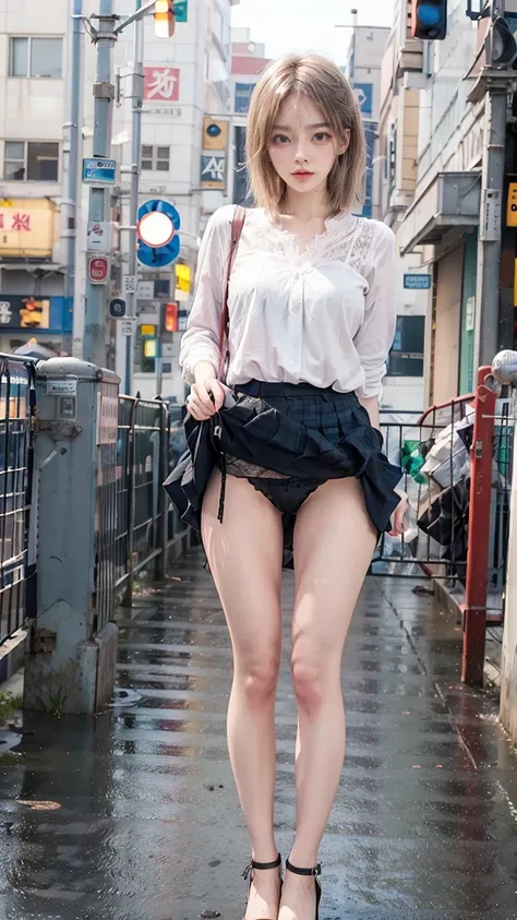 a beautiful young 18-year-old Japanese woman, masterpiece, best quality, 8k, extremely detailed, perfect anatomy, healthy thighs, beautiful legs, beautiful skin, random hair color, random hairstyle, large breasts, (pleated mini skirt:1.3), (unique pose sho...