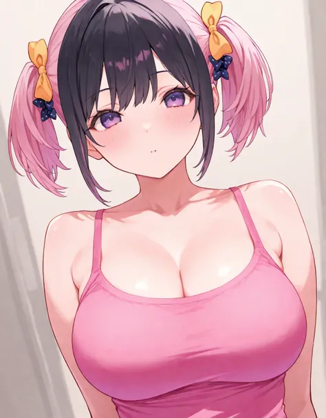 1girl, purple eyes, タンクトップ, プリーツスカート, (pink short hair:1.5), short twintails, black hair bows, large breasts,