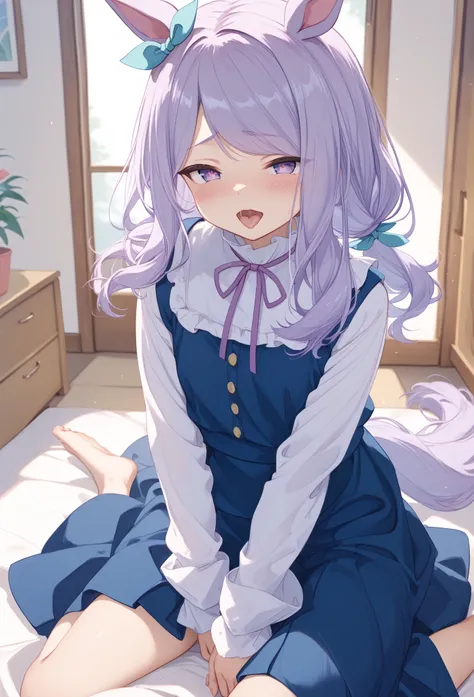 mjm casual, mejiro mcqueen (umamusume),purple hair、 ear ribbon, eyebrows visible through hair, eyes visible through hair, long hair, long sleeves, neck ribbon, horse ears, horse tail, nipples, nsfw、1 man masturbating, man pinches nipples, man touches nippl...