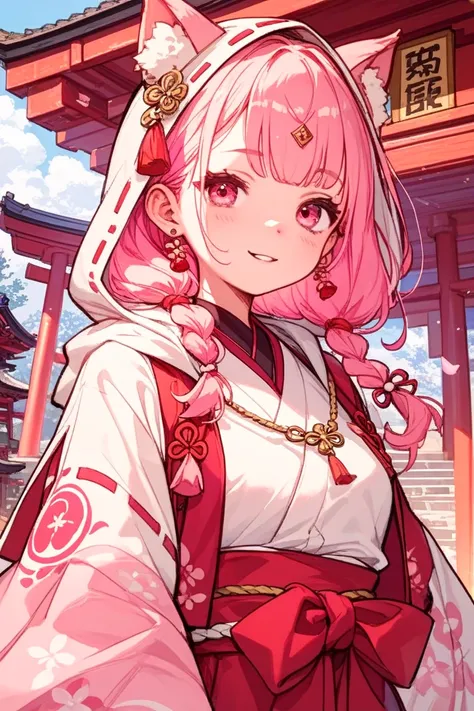  one girl 、Shrine Maiden Costume、 hair is pink、 hooded 、The hood is covered up to about the forehead、A gentle image、Cool image、The costume is white and pink