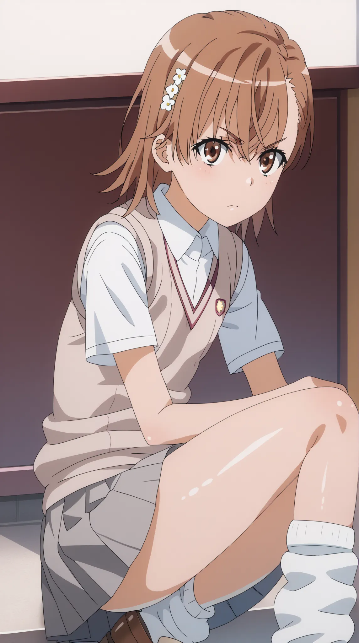 (UHD, retina, masterpiece, accurate, anatomically correct, super detail, high details,   highres, 1080P, 16k、high detail RAW color art:1.3)、 (misaka mikoto:1.3)、(short hair, brown hair:1.3)、(very flat chest:1.5)、(skirt, shirt, school uniform, white shirt, ...