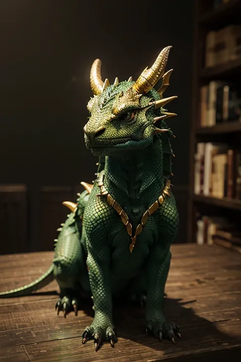 Create a highly detailed and realistic description of a green dragon that incorporates the following elements: the dragon should have emerald-like scales, and its color palette should emphasize black and gold accents. Focus on the dragon's features, surrou...