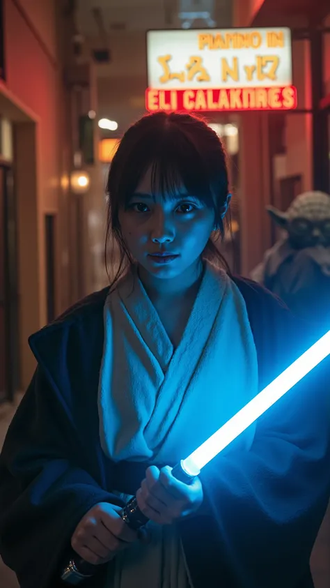 A high resolution photograph of a Japanese young woman in jedioutfit standing with blue light saber (near to Master Yoda from Star Wars saga:1.2), face focus, close-up, photo-realistic, realistic, masterpiece, best quality, cinematic lighting, Intricate de...