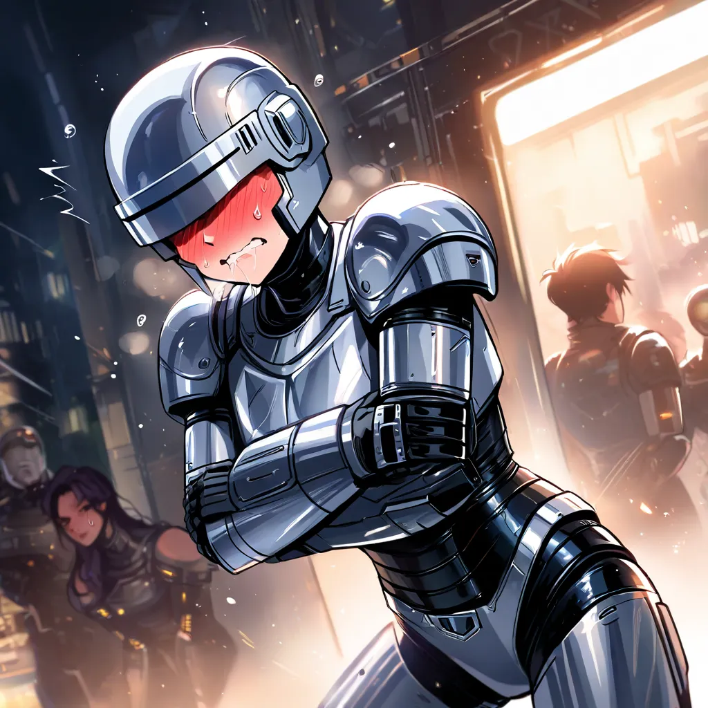 Femboy, Robocop, Pretty face, Beauties, Lean and muslular, fullface blush, wavy mouth, clenched mouth, rolling eyes, saliva, sweat,boy, short hair, fullface blush, wavy mouth, clenched mouth, rolling eyes, saliva, sweat, , solo, assault visor, cyborg, scie...