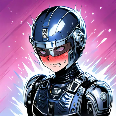 Femboy, Robocop, Pretty face, Beauties, Lean and muslular, fullface blush, wavy mouth, clenched mouth, rolling eyes, saliva, sweat,boy, short hair, fullface blush, wavy mouth, clenched mouth, rolling eyes, saliva, sweat, , solo, assault visor, cyborg, scie...