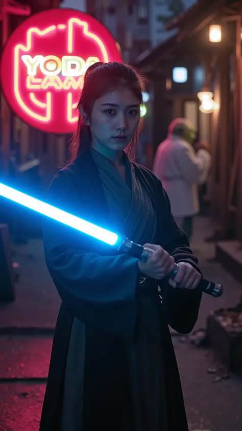 A high resolution photograph of a Japanese young woman in jedioutfit standing with blue light saber (near to Master Yoda from Star Wars saga:1.2), face focus, close-up, photo-realistic, realistic, masterpiece, best quality, cinematic lighting, Intricate de...