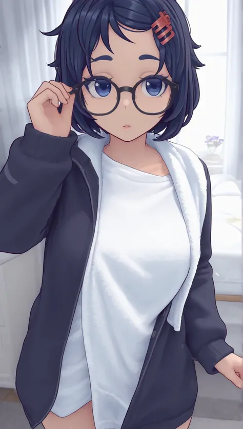 I will die, 1 Girl,  Ahog, ( glasses),  short hair, (Hairpin), Just wearing a towel ,  blue eyes,  masterpiece,   Best Quality ,  8,000,   high resolution ,  is aesthetically pleasing,  dark hair, Legs up 