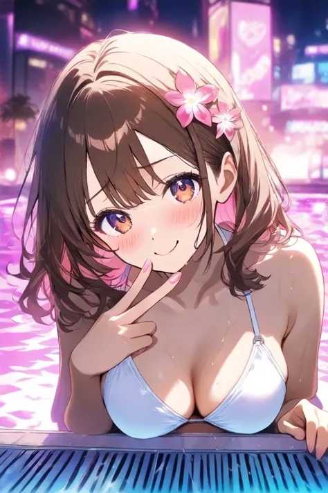  pool　 wet　 long brown hair　 white bikini　 pink flower hair ornament 　 medium breasts　 pink heart 　 wink　 ashamed