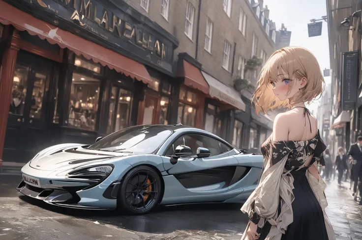 (masterpiece, detailed:1.2), One Girl, (18-years old), brown long Bob Cut, Medium Breasts, off shoulder, BREAK, Highest quality, in UK, BREAK, standing, Blue metallic "McLaren 750S", from avobe