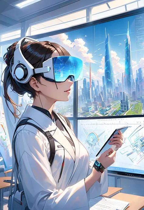 Cyborg teacher with mechanical arm and bionic eye, wearing a white coat and holding a holographic tablet, Standing in front of an interactive digital whiteboard, Show complex graphs and formulas, A student wearing an augmented reality headset and smart bra...