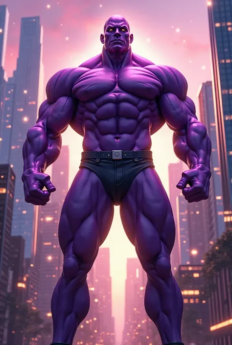 Muscular purple man in a city with Twilight Sparkel