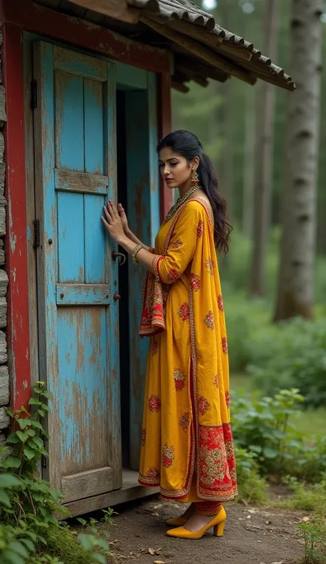 Prompt: "Hyper-realistic full-body portrait of a young woman with a stylized stick-like smooth face, wearing a vibrant traditional outfit with a yellow and red floral dress, matching dupatta, and yellow high heels. She is standing at the door of a rustic w...