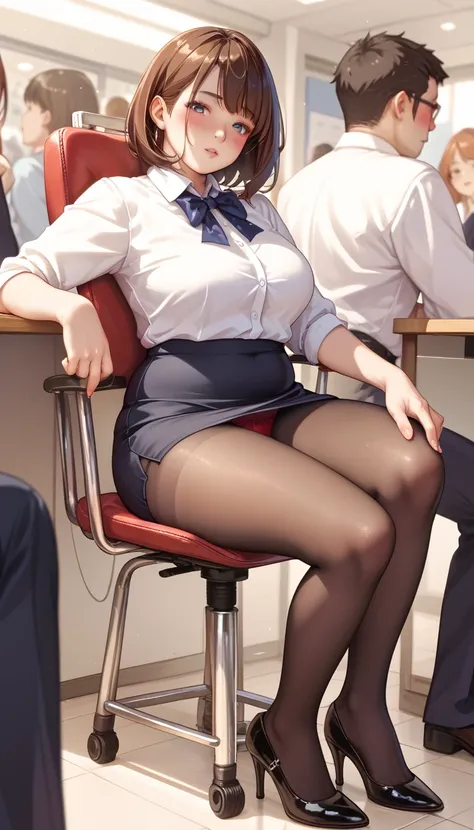   office、 crowd、 (( sitting on a chair))、 brown hair、  medium length hair、 blush、 plump body、 Black skirt suit 、  black pantyhose 、 I can see red panties、  black high heels  