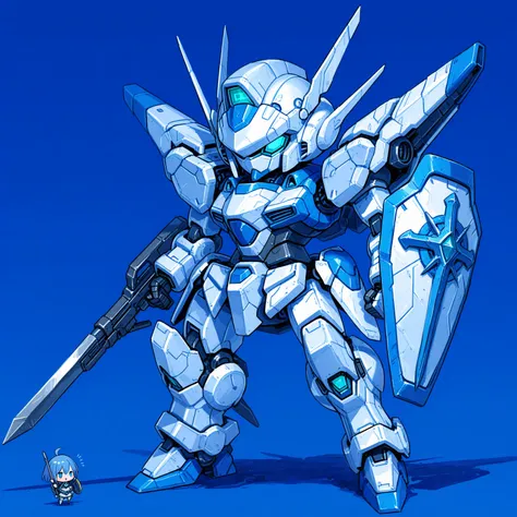 (ARTIST:izubuchi_yutaka), tegaki, fantasy machine, (chibi, sd mecha:1.2), short stature, naga type, pole weapon, shield, white and blue, simple armor, fantasy world, masterpiece