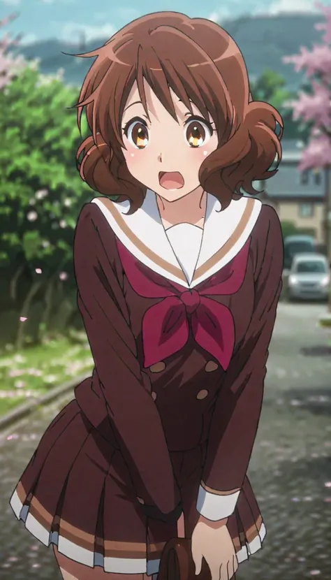 ( beautiful girl : 1.3), 1 girl,(Oumae Kumiko),(uniform, Long Sleeve, skirt, pure white underwear, pubic hair, loafers), surprised, is embarrassing,blush,風で skirtがめくれる,Town,cherry blossoms,blue sky,cherry blossomsの花びらが舞う,masterpiece, best quality, super hi...