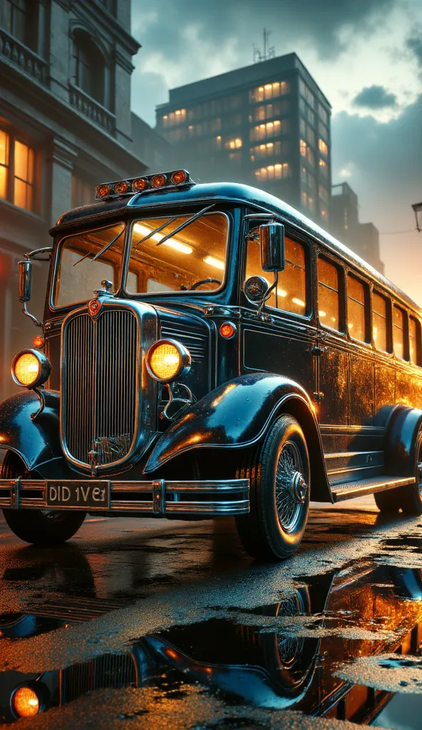 A futuristic yet sophisticated large bus with an exterior design inspired by vintage sports cars. The body combines sleek, aerodynamic curves with retro aesthetics, featuring polished chrome details, exposed rivets, and a deep, glossy paint finish reminisc...