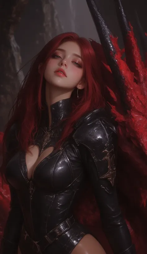 dragon rider, beautiful female, with red hair, wearing beautiful black warrior armor dress, she is standing and lean her back against her red winged dragon's head, the dragon is sleeping, dark cave, high contrast, dramatic lighting, cinematic composition. 