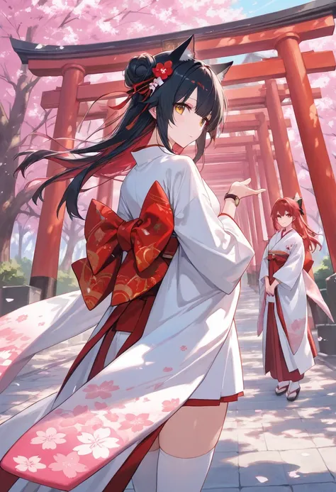 ((Extreme detail)),( super high resolution),(Painting), ( dynamic angle),,  Highly Detailed CG Unity 8K Wallpaper, outdoor, Red Torii Gate, tree,  stage,,  Shrine maiden,,  Watch Viewers,  look back,,   ,   black hair, cherry blossom , day, flower,  hair b...