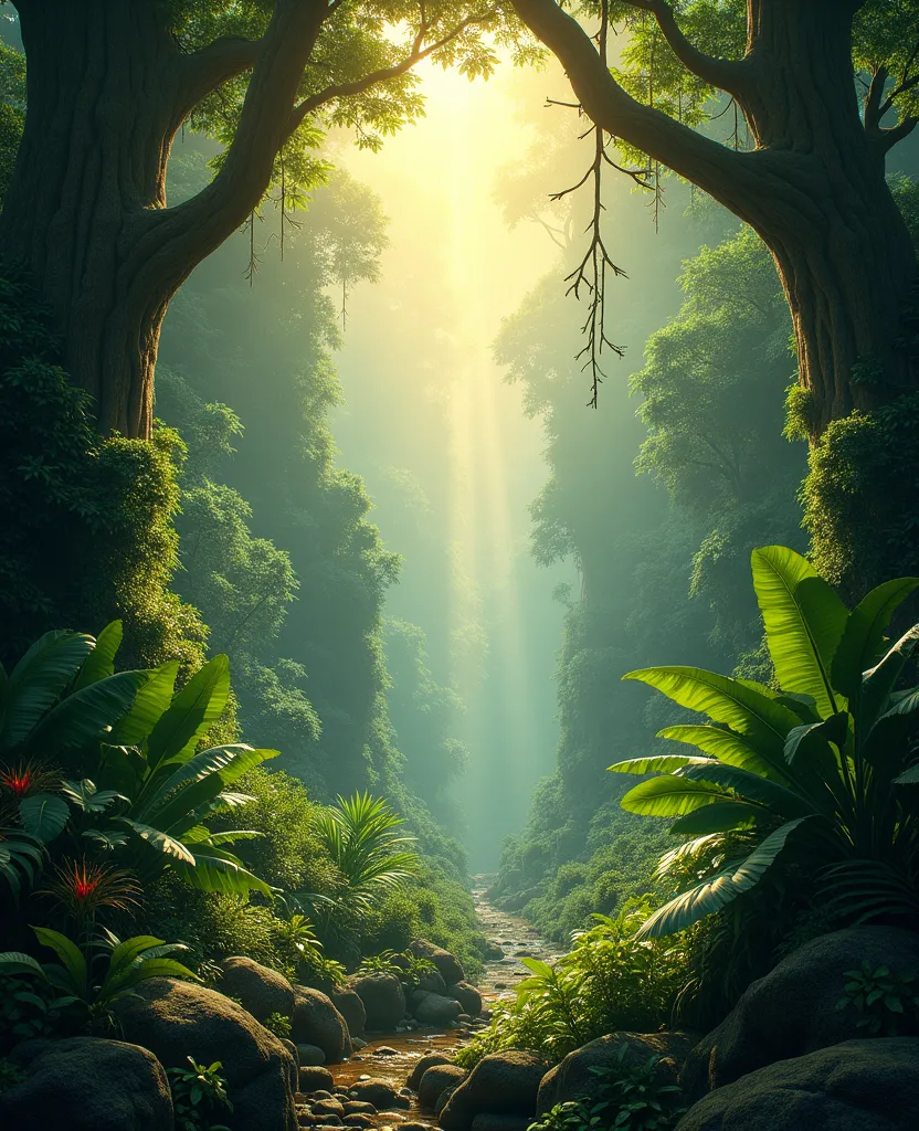 Jungle. A little bit bird angle view. God rays. high detail.