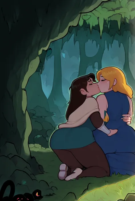  Couple, one dragon, one woman, in a cave, in the forest, kissing, beautiful, love