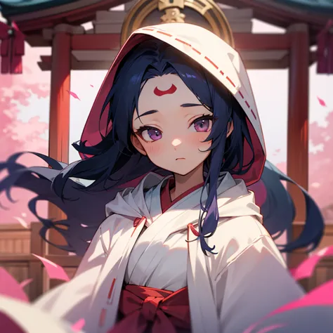  one girl 、Shrine Maiden Costume、 hair is pink、 hooded 、The hood is covered up to about the forehead、A gentle image、Cool image、The costume is white and pink