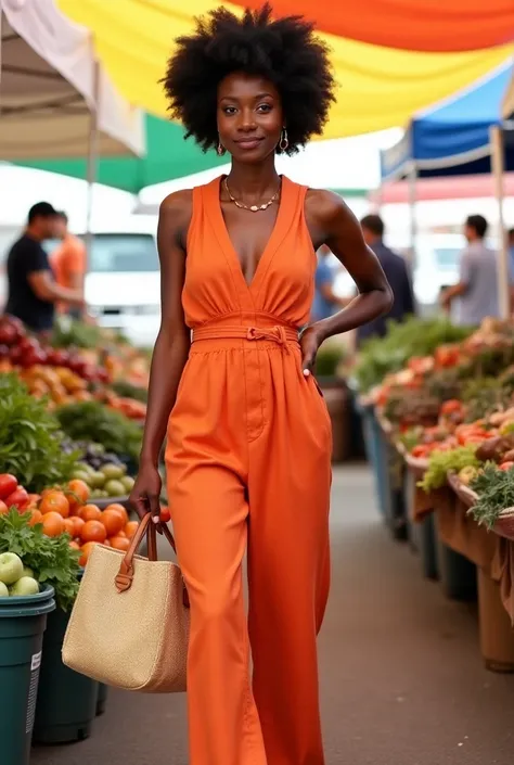 A Black woman in a burnt orange linen jumpsuit with a plunging V-neck and belted waist at a vibrant farmers market, showcasing a woven straw tote bag and comfortable leather slides, her afro styled into a chic tapered cut.

