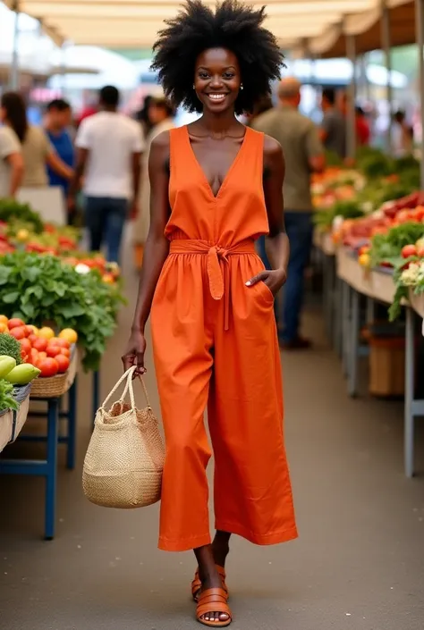 A Black woman in a burnt orange linen jumpsuit with a plunging V-neck and belted waist at a vibrant farmers market, showcasing a woven straw tote bag and comfortable leather slides, her afro styled into a chic tapered cut.

