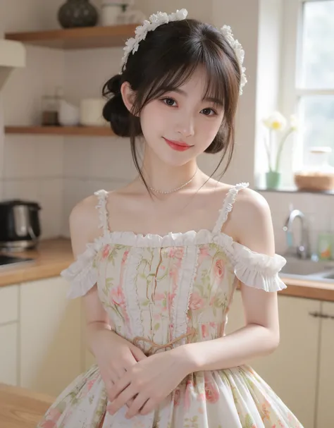 (8k, best quality, masterpiece: 1.2), (realistic, realistic, photorealistic: 1.37), 1 girl, hyper detail, beautiful detail eyes, beautiful detail nose, (((1girl))), Lolita dress, 7 minutes, kitchen, smile,