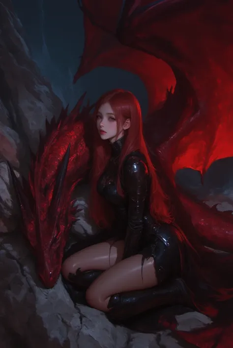 delicate image of a dragon rider, beautiful female, with red hair, wearing beautiful black warrior armor dress, she is sitting on the ground and lean her back against her red winged dragon's head, the dragon is sleeping, inside a dark cave, dramatic lighti...