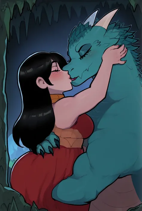  Couple, one dragon, one woman, in a cave, in the forest, kissing, beautiful, love, big dragon monster, size difference, 