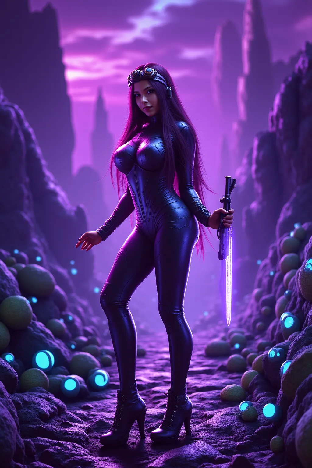 cute sci fi warrior(cute, age 25, woman, busty, nice hips, hourglass figure, shiny sexy battle suit, shiny sexy high heel combat boots, headband with lights and gizmos, energy sword), she is posing sexy, alien landscape, strange bioluminescent trees fungoi...