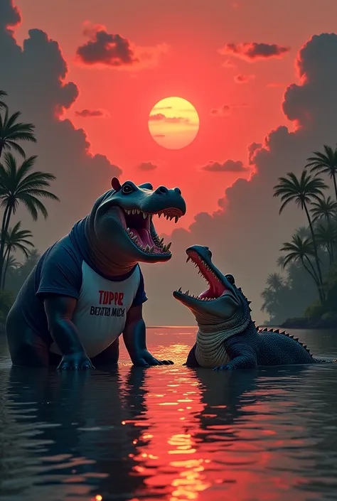  Make an image of a black hippopotamus in a jungle river laughing with a crocodile next to it and that they both have a shirt where the crocodile has a picture of the black hippopotamus and the black hippopotamus photo of the crocodile, And that the sky ha...