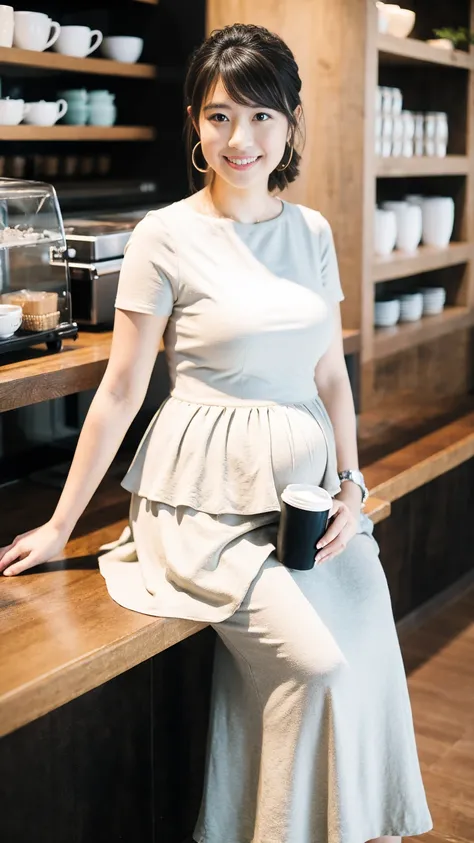 masterpiece, Best Quality, 8K,looking at the viewer,Japanese Lady,20 years old, huge pregnant, Voluptuous, coffee shop background, plain peplum shirt, midi skirt, chignon hair, smile, sitting 