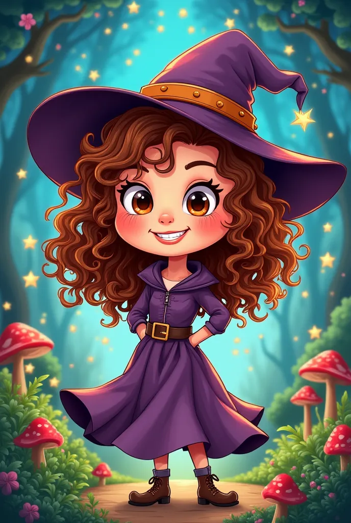 Cartoon image of a curly-haired brunette witch  