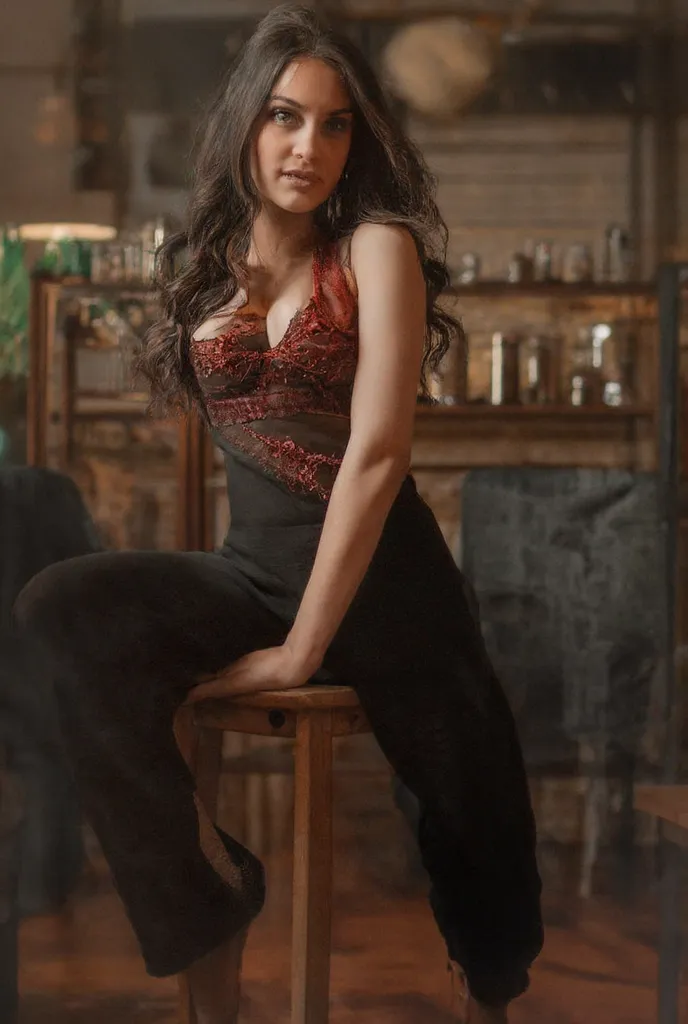 A full body shot of a beutifull polish american 20 years old girl Julia sitting on a wooden chair with spread legs. She is wearing black yoga pants and red lace lingerie.