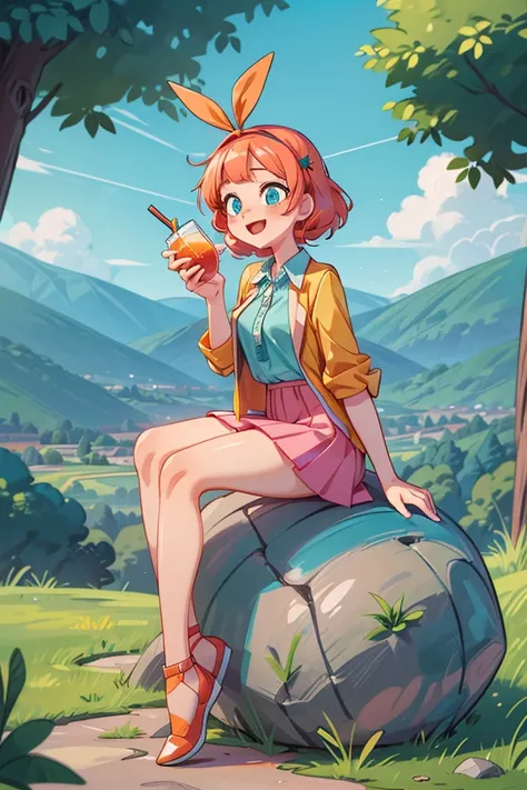 (masterpiece, best quality), girl sit on rock, outdoor, intricate detail, hills landscape, sunlight, aqua blue blouse, pink short  skirt, long orange hair, aquamarine eyes, smiley and sexy expression, sexy pose, coquette, gorgeous legs, mature body, beauti...