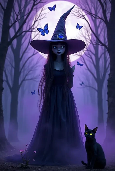 A magical forest,  luminous purple smoke, A Tim Burton-style witch, emily do filme corps3bride, With blue butterflies flying around the witch, a bright full moon, Halloween style forest, a black cat with a half moon on its forehead, Yellow-eyed black cat