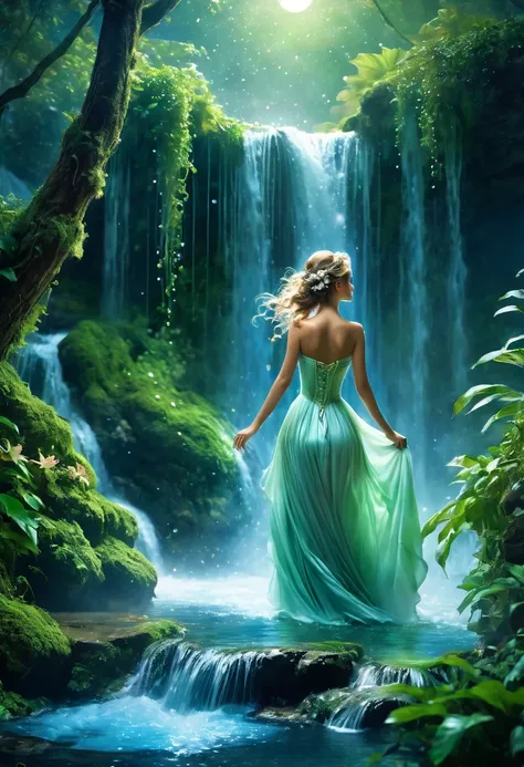 Magic nymph bathing in a waterfall under the moonlight (night magic, surrounded by flying split, (water dynamics, (moonlight, (lush vegetation, (nymph beauty: beauty similar to a nymph, beauty, (capricious atmosphere, details: drops of water, water ripples...