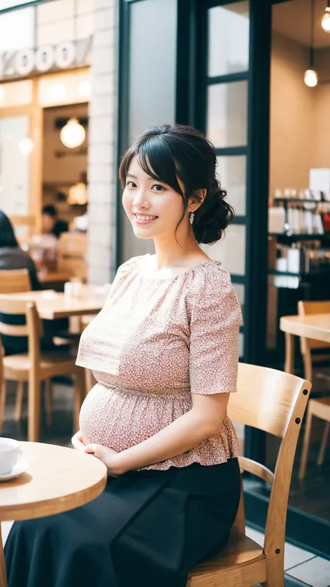 masterpiece, Best Quality, 8K,looking at the viewer,Japanese Lady,20 years old, huge pregnant, Voluptuous, coffee shop background, plain peplum shirt, midi skirt, chignon hair, smile, sitting 